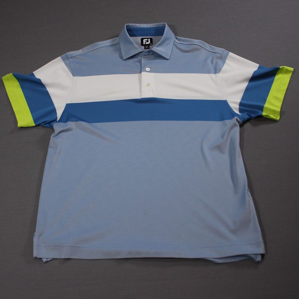 FOOTJOY GOLF POLO SHIRT Color-Block  Blue Lime Striped Green Stretch Sz M